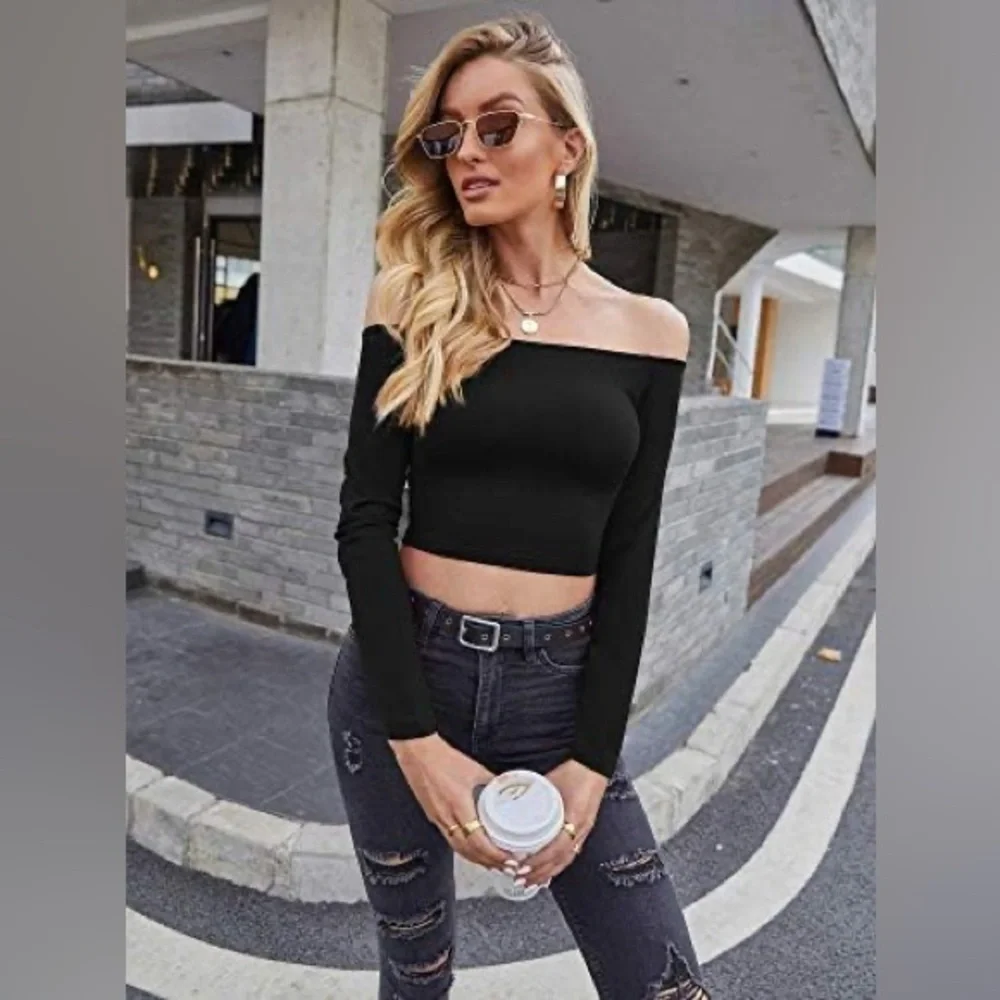 Elegant Black Off-Shoulder Cropped Women's Top XS Super Soft Modal - Picture 4 of 8
